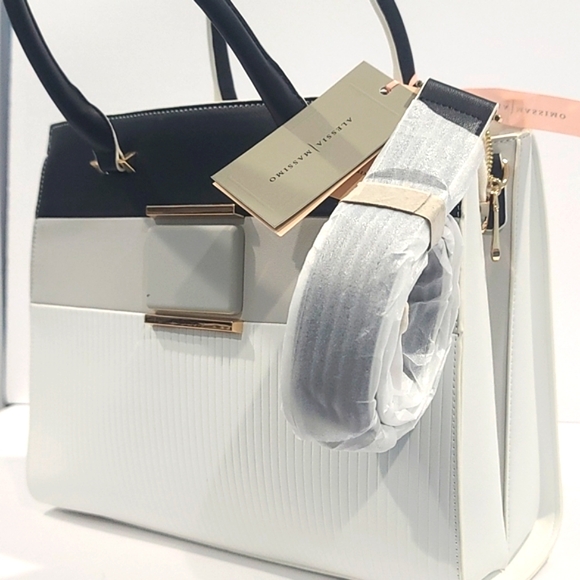 🆕Alessia Massimo Colorblock Top Handle Bag - Black / White / Grey NWT's - Picture 5 of 12